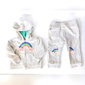 2pc Heathered Cream/Grey Fleece Sweatsuit Rainbow‎ Hoodie & Pants size 12 months